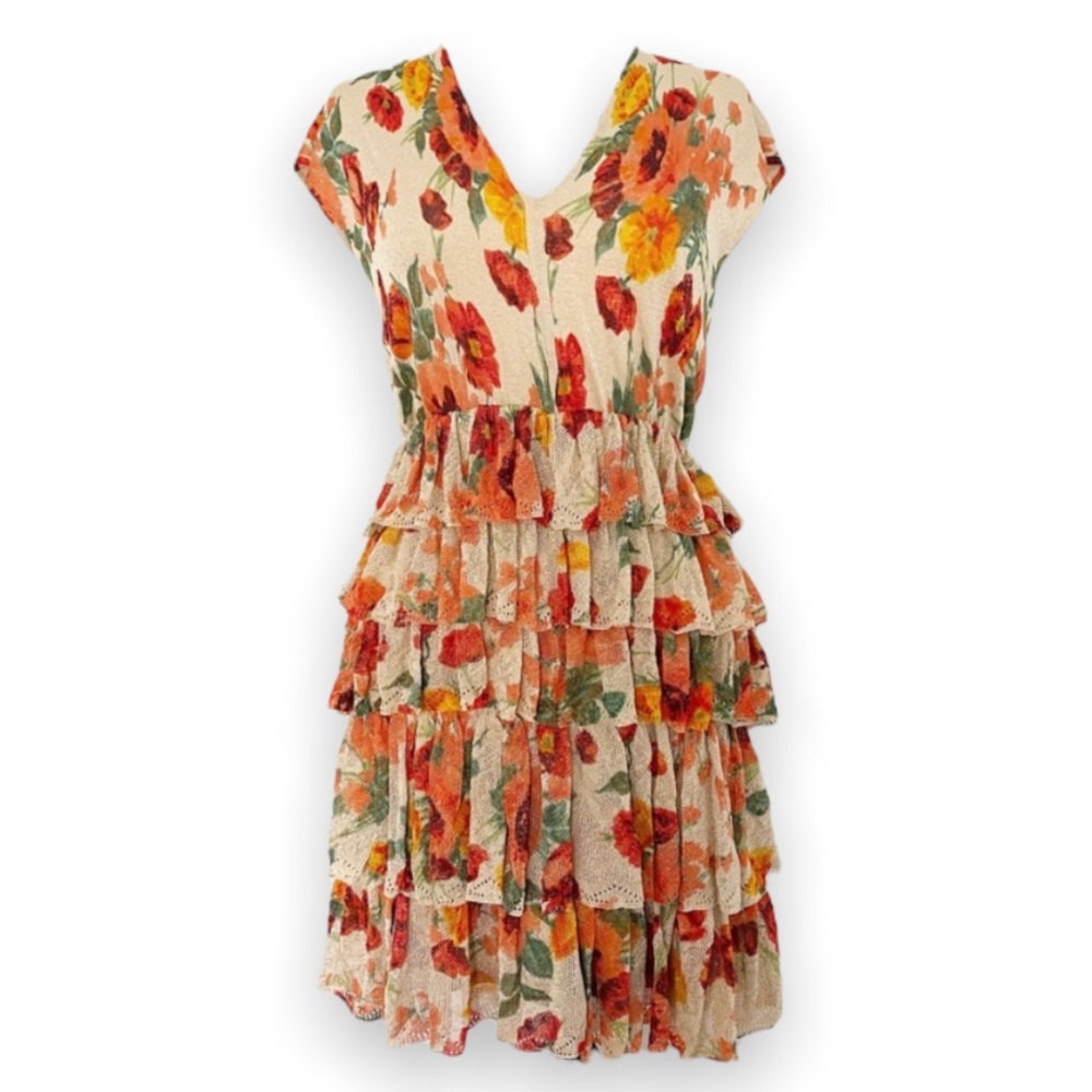 Escada Shimmer Poppy Floral Tiered Ruffle Dress V Neck Stretch - Picture 1 of 12